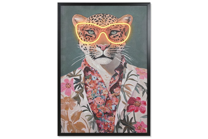 DKD Home Decor Cuadro LED Lienzo Leopardo Gafas y Flores Surtido de 2 Piezas