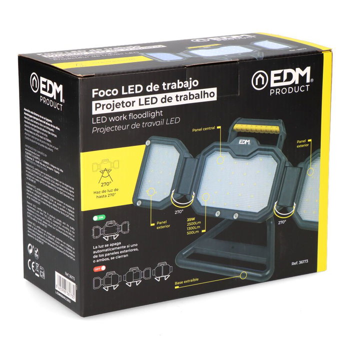 Edm Power Work AM3 Foco LED de Trabajo Portátil 25W 2500 Lúmenes 3 Modos de Luz IP44 con Batería Recargable 8h Autonomía