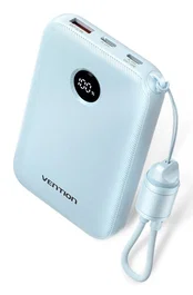 Vention Power Bank 10000mAh 22.5W FKAL0-C con Cable de Carga Incorporado, Carga Rápida Doble USB-C/USB-A, Apto para Avión, Color Azul