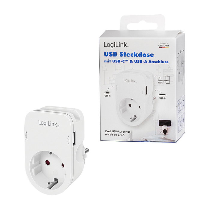 LogiLink Cargador USB-A/C de 17 W con 2 puertos, 1x USB-A y 1x USB-C, Blanco
