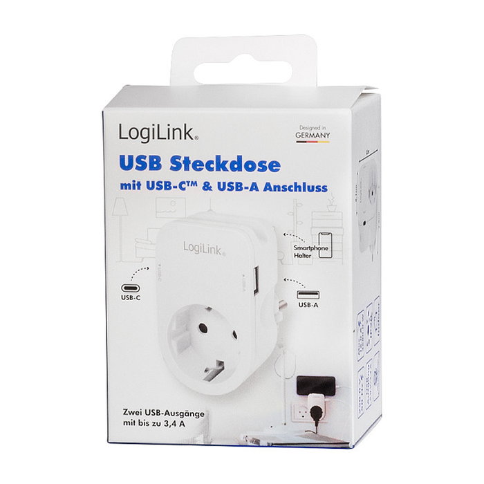 LogiLink Cargador USB-A/C de 17 W con 2 puertos, 1x USB-A y 1x USB-C, Blanco