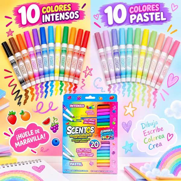 Scentos Rotuladores de punta fina con colores intensos, pastel y aromas, pack de 20 unidades