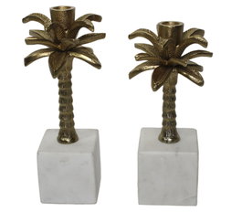 DKD Home Decor Set de 2 Portavelas de Aluminio y Mármol Palmera Dorado y Blanco