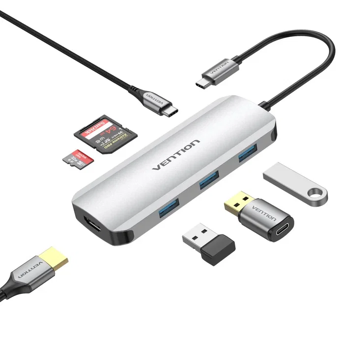 Vention Hub USB C 7 en 1 TOJHB - Docking con HDMI 4K, 3x USB 3.0, 100W PD, Lector SD/TF, Color Gris Plata para MacBook/PC