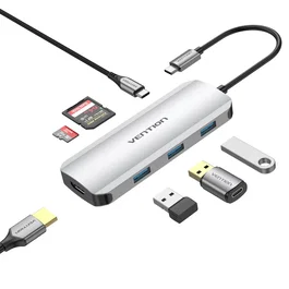 Vention Hub USB C 7 en 1 TOJHB - Docking con HDMI 4K, 3x USB 3.0, 100W PD, Lector SD/TF, Color Gris Plata para MacBook/PC