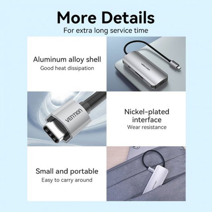 Vention Docking USB-C 7 en 1 con HDMI 4K, 3xUSB 3.0, Lector de Tarjetas y PD 100W - Gris