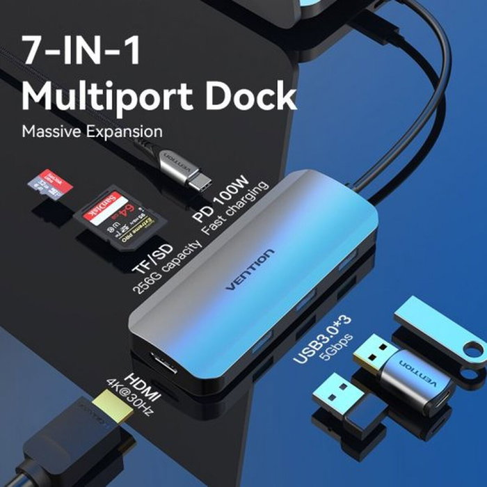 Vention Docking USB-C 7 en 1 con HDMI 4K, 3xUSB 3.0, Lector de Tarjetas y PD 100W - Gris