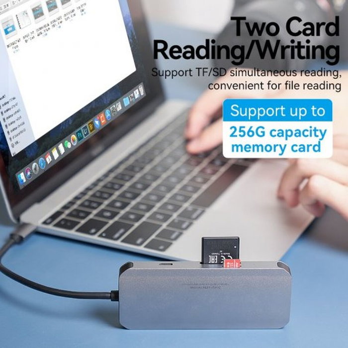 Vention Docking USB-C 7 en 1 con HDMI 4K, 3xUSB 3.0, Lector de Tarjetas y PD 100W - Gris