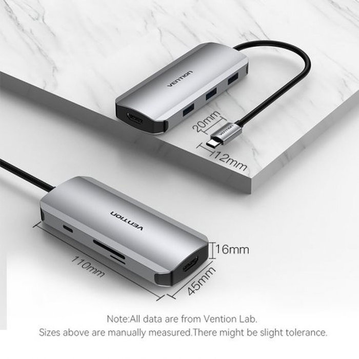 Vention Docking USB-C 7 en 1 con HDMI 4K, 3xUSB 3.0, Lector de Tarjetas y PD 100W - Gris