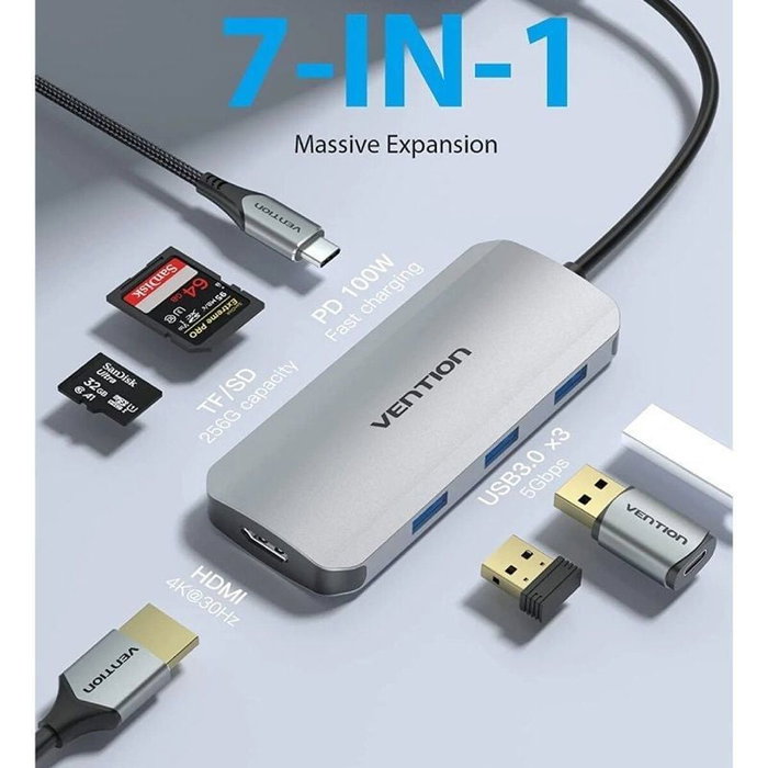 Vention Docking USB-C 7 en 1 con HDMI 4K, 3xUSB 3.0, Lector de Tarjetas y PD 100W - Gris