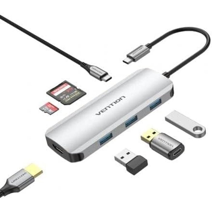 Vention Docking USB-C 7 en 1 con HDMI 4K, 3xUSB 3.0, Lector de Tarjetas y PD 100W - Gris