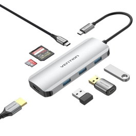 Vention Docking USB-C 7 en 1 con HDMI 4K, 3xUSB 3.0, Lector de Tarjetas y PD 100W - Gris