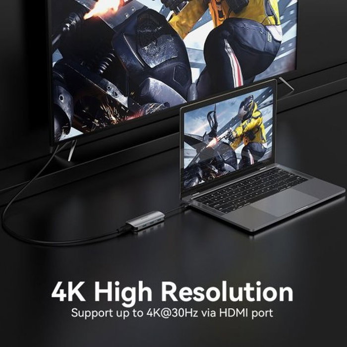 Vention Docking USB-C 7 en 1 con HDMI 4K, 3xUSB 3.0, Lector de Tarjetas y PD 100W - Gris