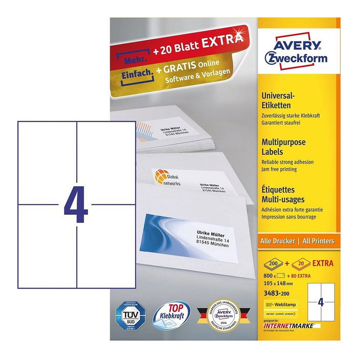 AVERY Zweckform Etiqueta 3483-200 Blanca 105,0 x 148,0 mm (880 unidades) AVERY Zweckform Etiqueta 3483-200 Blanca 105,0 x 148,0 mm (880 unidades)