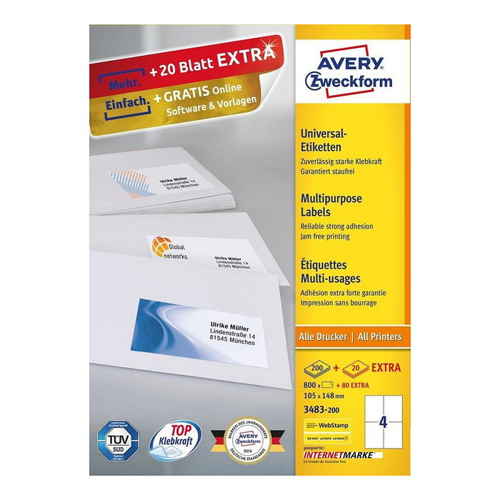 AVERY Zweckform Etiqueta 3483-200 Blanca 105,0 x 148,0 mm (880 unidades) AVERY Zweckform Etiqueta 3483-200 Blanca 105,0 x 148,0 mm (880 unidades)