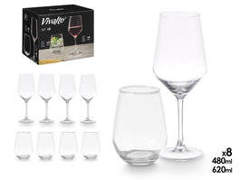 Vivalto Set 8 Piezas Vaso 480ml Copa 620ml Transparente Vidrio 30x26x21cm (Set de 2)