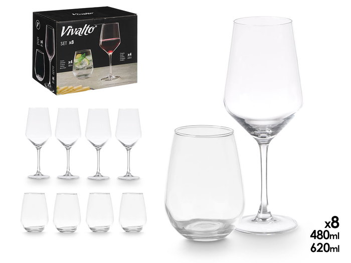 Vivalto Set 8 Piezas Vaso 480ml Copa 620ml Transparente Vidrio 30x26x21cm (Set de 2) Vivalto Set 8 Piezas Vaso 480ml Copa 620ml Transparente Vidrio 30x26x21cm (Set de 2)