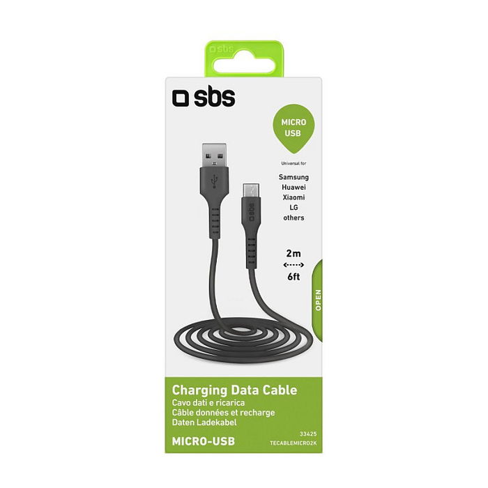 SBS TECABLEMICRO2K Cable USB 2.0 a Micro USB Negro, 2 metros, Conectores Macho USB A y Micro-USB B