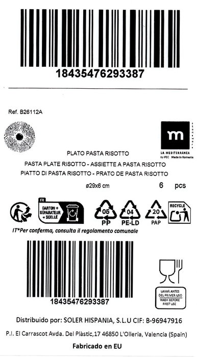 La Mediterranea Plato Pasta Ø29 cm "Irys" (6 Unidades)