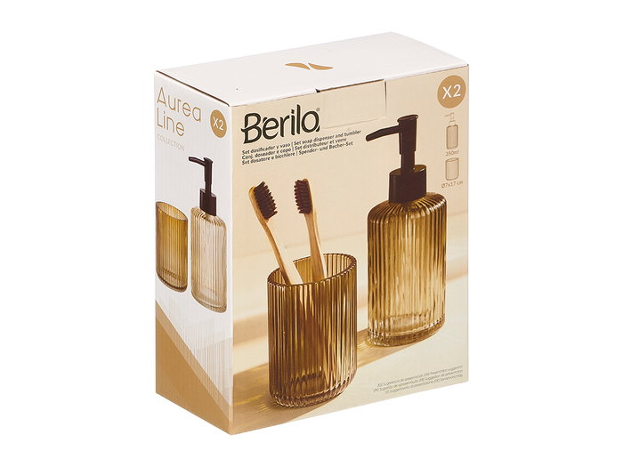 Berilo Set de 2 Dosificadores para Baño con Vaso 350ml, Color Ámbar con Rayas Negras, Dimensiones 15x18.5x7.5 cm (Set de 12) Berilo Set de 2 Dosificadores para Baño con Vaso 350ml, Color Ámbar con Rayas Negras, Dimensiones 15x18.5x7.5 cm (Set de 12)