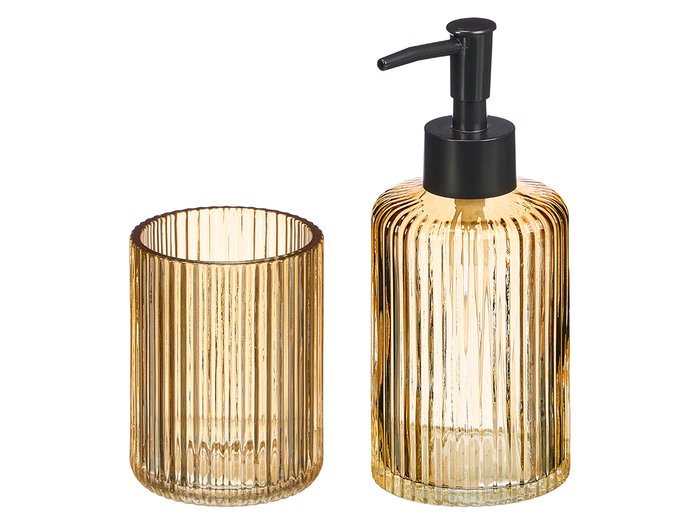 Berilo Set de 2 Dosificadores para Baño con Vaso 350ml, Color Ámbar con Rayas Negras, Dimensiones 15x18.5x7.5 cm (Set de 12) Berilo Set de 2 Dosificadores para Baño con Vaso 350ml, Color Ámbar con Rayas Negras, Dimensiones 15x18.5x7.5 cm (Set de 12)