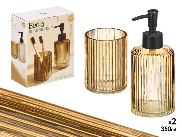 Berilo Set de 2 Dosificadores para Baño con Vaso 350ml, Color Ámbar con Rayas Negras, Dimensiones 15x18.5x7.5 cm (Set de 12) Berilo Set de 2 Dosificadores para Baño con Vaso 350ml, Color Ámbar con Rayas Negras, Dimensiones 15x18.5x7.5 cm (Set de 12)