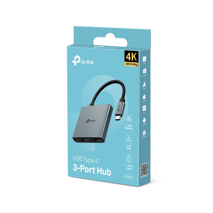 TP-Link UH3020C Hub USB-C 3 en 1 con HDMI 4K@60Hz, Puerto USB-A 3.0 y USB-C Power Delivery de 100W para Portátil, Tablet y Smartphone