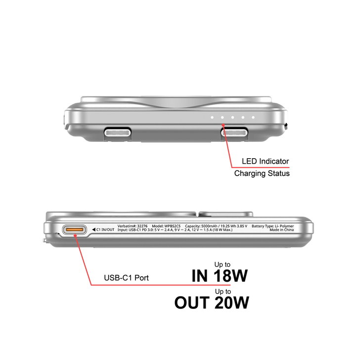 Verbatim Charge ''n'' Go 5000 mAh con cables USB-C y carga magnética, Plata