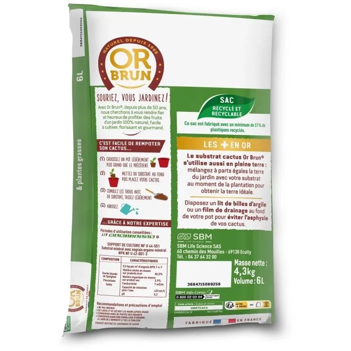 Or Brun OBRTCAC6U Sustrato para cactus y plantas suculentas Brown Gold 6L Promueve el crecimiento