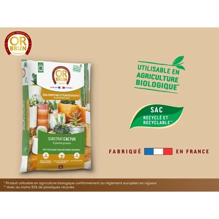 Or Brun OBRTCAC6U Sustrato para cactus y plantas suculentas Brown Gold 6L Promueve el crecimiento