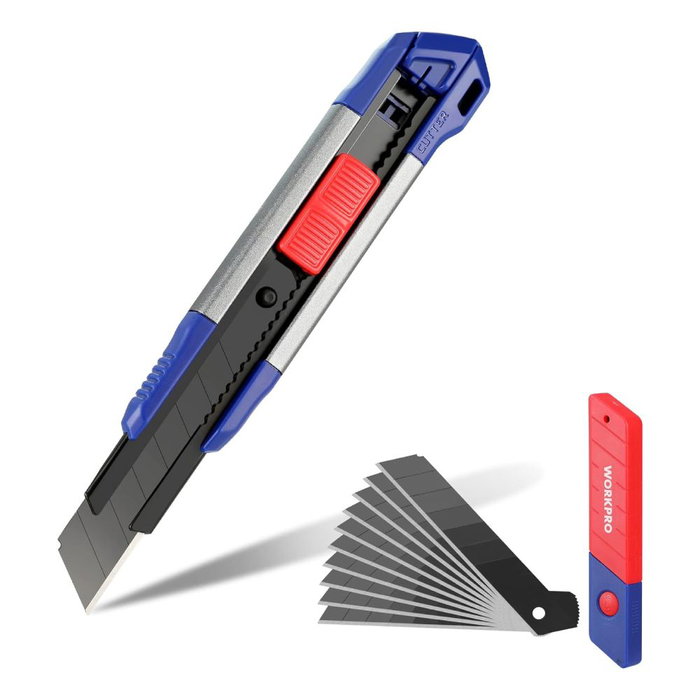 Workpro Cúter Cierre a Presión con 11 Cuchillas 18 mm SK5 de Aluminio Workpro Cúter Cierre a Presión con 11 Cuchillas 18 mm SK5 de Aluminio