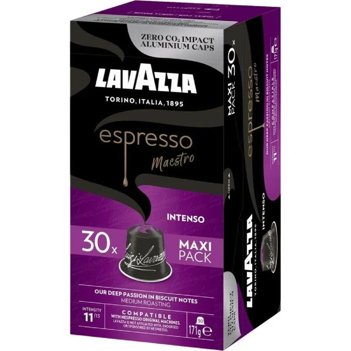 Lavazza Espresso Maestro Intenso - Cápsulas de Aluminio Compatibles con Nespresso - Tueste Medio, Notas de Cacao y Caramelo - Intensidad 11/13 - Pack de 30 Unidades
