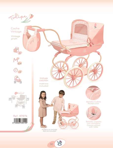 Decuevas Coche de Muñeca Clásico para Muñecas de hasta 50 cm, Color Rosa, para Niñas a Partir de 3 Años