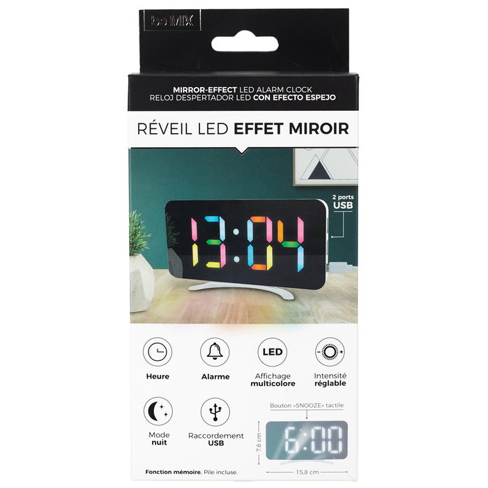 Be Mix Espejo Be Mix Reloj Despertador Digital con Pantalla LED Multicolor RGB, Función Espejo, 2 Puertos USB y Alarma
