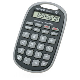 GENIE 982 AM Calculadora de bolsillo básica, 8 dígitos, 1 línea, alimentación por batería (LR54), color negro y gris
