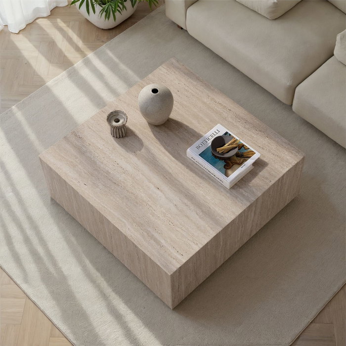 Hanah Home Mesa de Café de Travertino, Modelo Prizma, de MDF, 90x90x35 cm