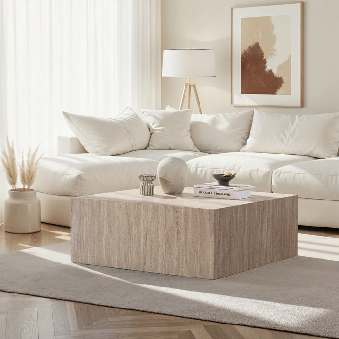 Hanah Home Mesa de Café de Travertino, Modelo Prizma, de MDF, 90x90x35 cm