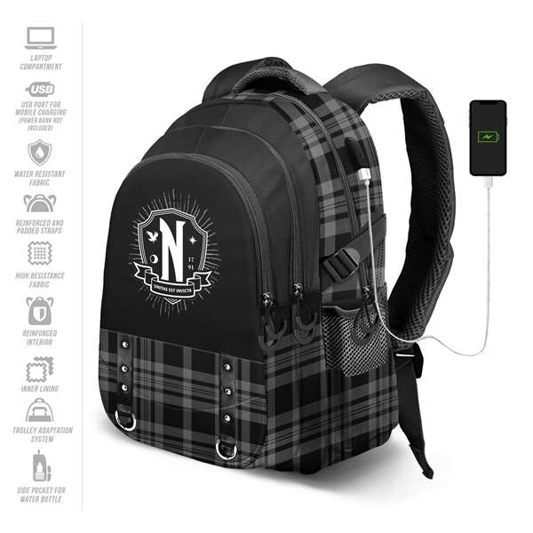 Karactermania Miércoles Run. Plus FAN Chain Mochila, Negro, Ripstop, 3 Compartimentos, USB, 44x34x21 cm