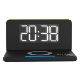 Realpower ChargeAir - Reloj Despertador Digital LED con Cargador Inalámbrico de 10W, 2 Puertos USB, Negro, 98x75x141 mm