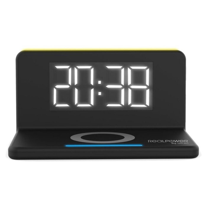 Realpower ChargeAir - Reloj Despertador Digital LED con Cargador Inalámbrico de 10W, 2 Puertos USB, Negro, 98x75x141 mm Realpower ChargeAir - Reloj Despertador Digital LED con Cargador Inalámbrico de 10W, 2 Puertos USB, Negro, 98x75x141 mm