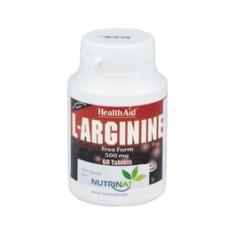 HEALTH AID L-Arginina 500 mg 60 Comprimidos - Complemento Alimenticio para Músculos, Presión Arterial y Función Sexual - Apto para Vegetarianos
