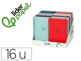 Liderpapel Agenda Escolar Basic 2026-2027, A5, Espiral, Bilingüe, Papel 70g FSC, Diseños Surtidos, Expositor 16 Unidades