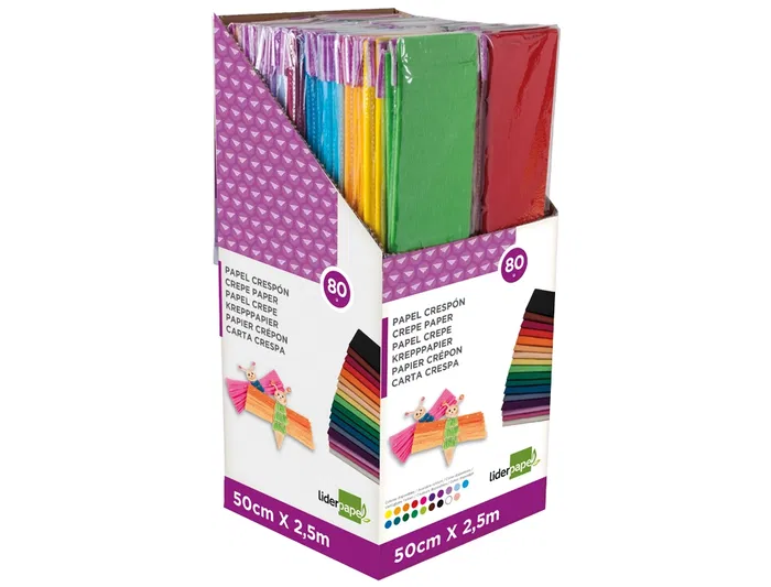 Liderpapel Papel Crespon 0.50 x 2.50 Mt Encelofanado Expositor 80 Unidades Colores Surtidos