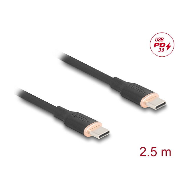 DeLOCK Cable USB-C Macho a Macho USB 2.0 con Power Delivery 3.0 de 60W para Carga Rápida, Longitud 2.5m, Color Negro, Ref 81239