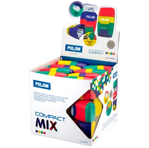 Milan Afilaborra Compac Mix Cubo Expositor 24 Ud C-Surtidos - Goma de borrar y sacapuntas doble con depósito, colores surtidos Milan Afilaborra Compac Mix Cubo Expositor 24 Ud C-Surtidos - Goma de borrar y sacapuntas doble con depósito, colores surtidos