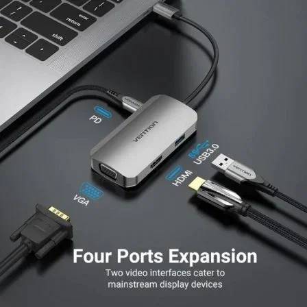Vention TOAHB Adaptador USB-C Hub con HDMI 4K, VGA, USB 3.0, USB-C PD 100W Gris