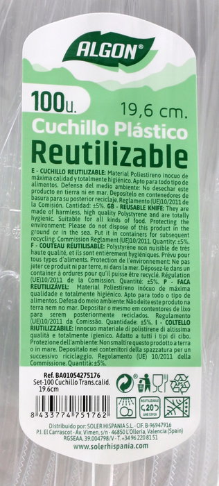 Algon Set-100 Cuchillo Mediano Transparente 19.6 cm (10 Unidades)