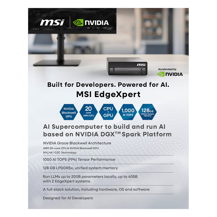 MSI EdgeXpert NVIDIA Blackwell GB10 con 128 GB RAM y 4 TB SSD en color Negro/Gris