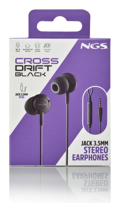 NGS Cross Drift Auriculares intrauditivos con micrófono, control multifunción, cable 1.2m y conector Jack 3.5mm - Negro