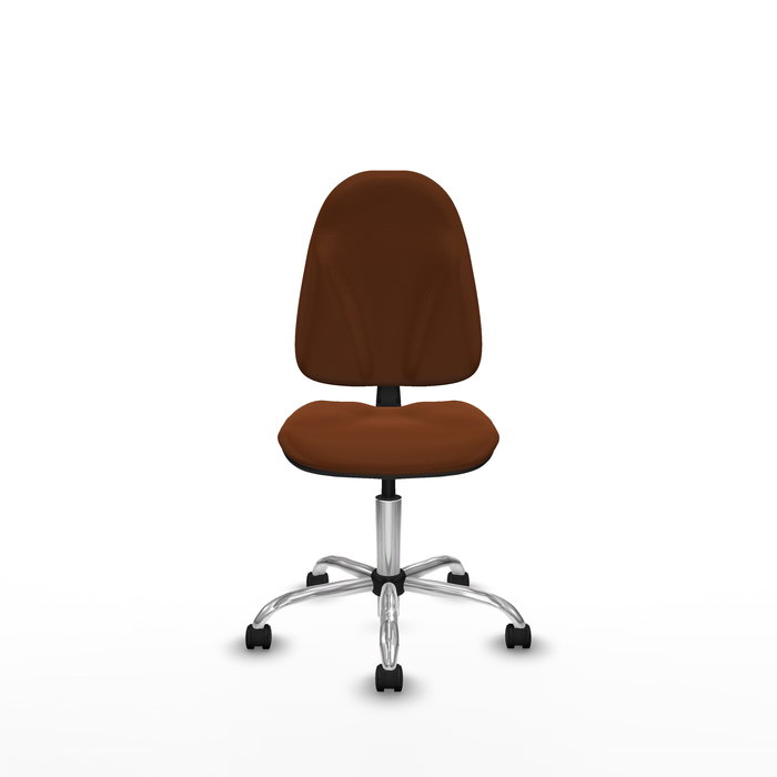 Silla de oficina Algarra con mecanismo Contacto permanente básico tapizada con Similpiel color Marrón. Equipada con Base cromada, Sin brazos y Ruedas de nailon 50 mm